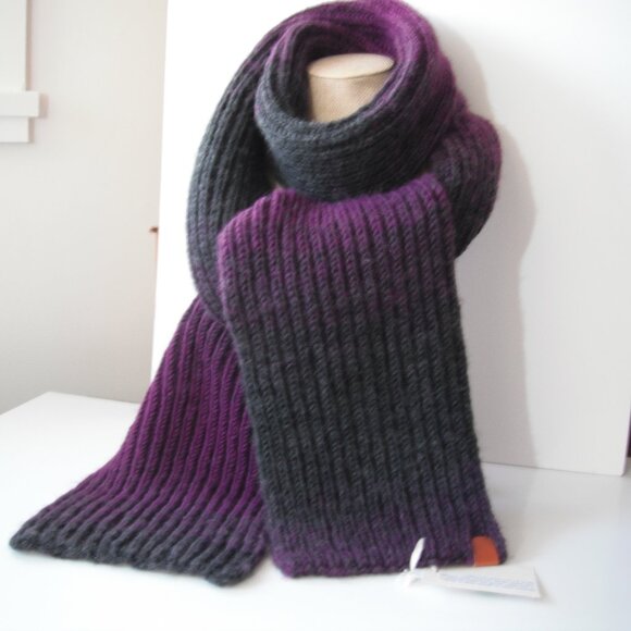 Hand Knit Scarf Long Warm Wool Blend Purple/Grey Hand knit by me - Picture 1 of 3